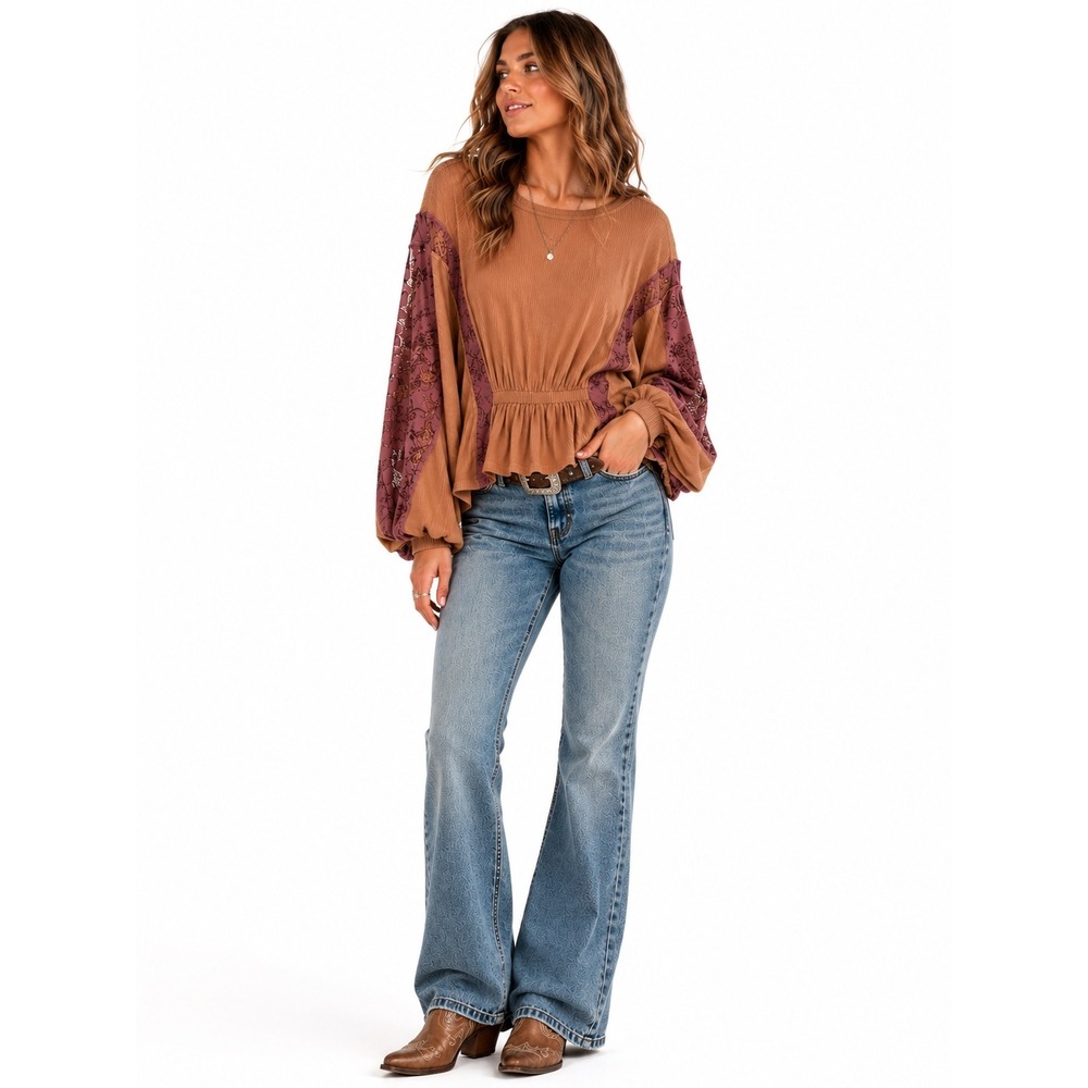 Gimmick Peplum Top Medium Mauve Ribbed Knit Floral Lace Balloon Sleeve Boho